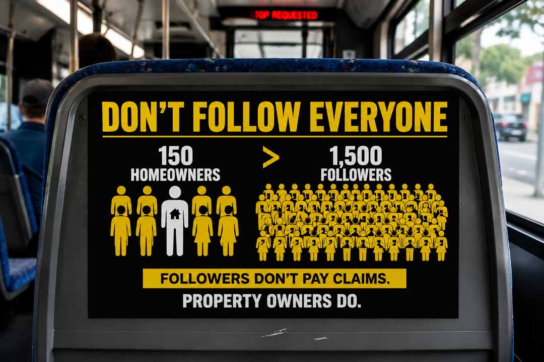 150 homeowners beat 1,500 followers — followers don't pay claims, property owners do