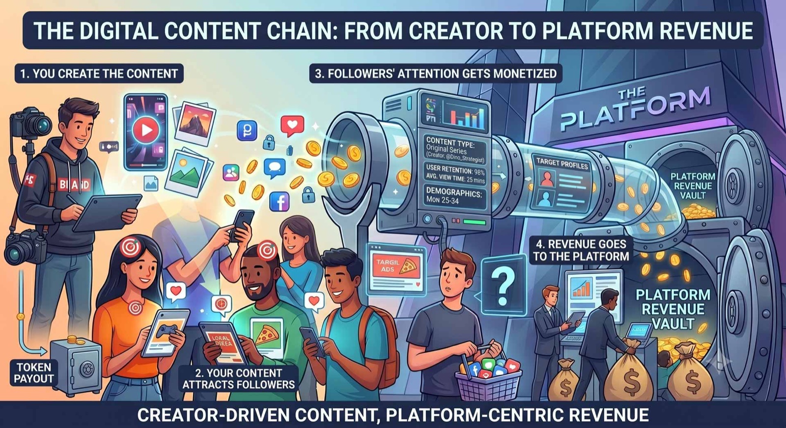 The digital content chain: you create the content, your content attracts followers, their attention gets monetized, and the revenue goes to the platform