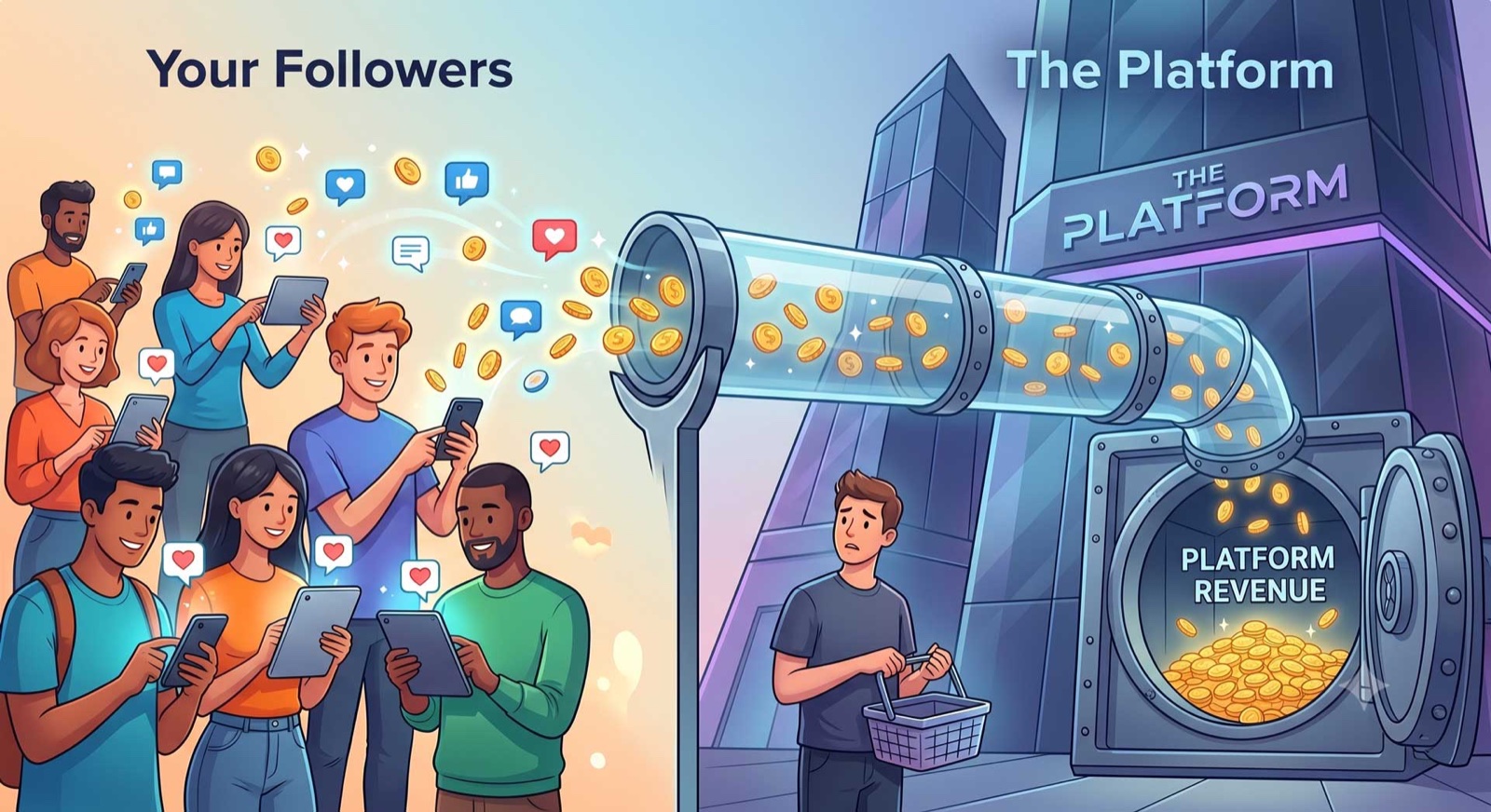 Your followers' attention flows straight into the platform's revenue vault