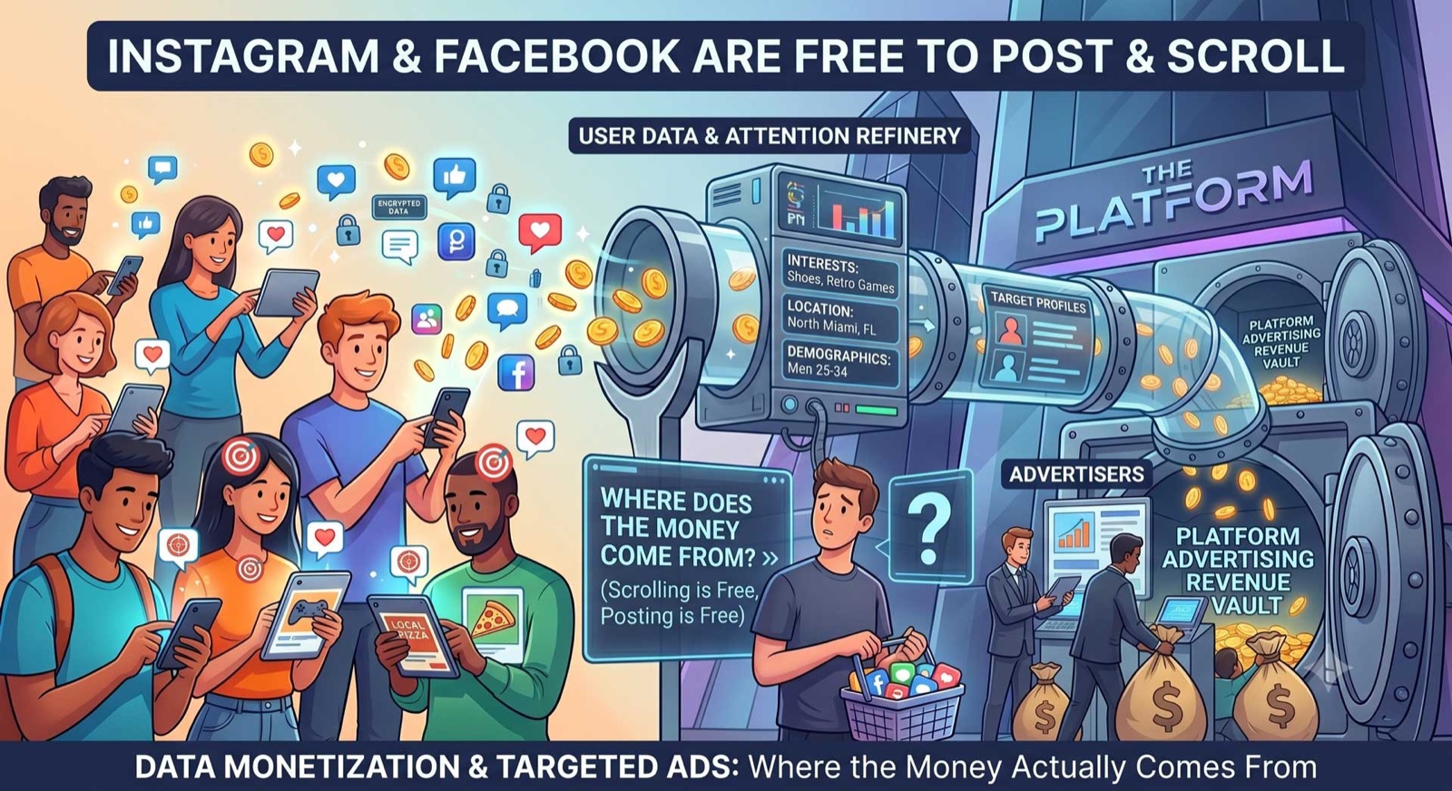 Instagram and Facebook are free to post and scroll — data monetization and targeted ads are where the money actually comes from