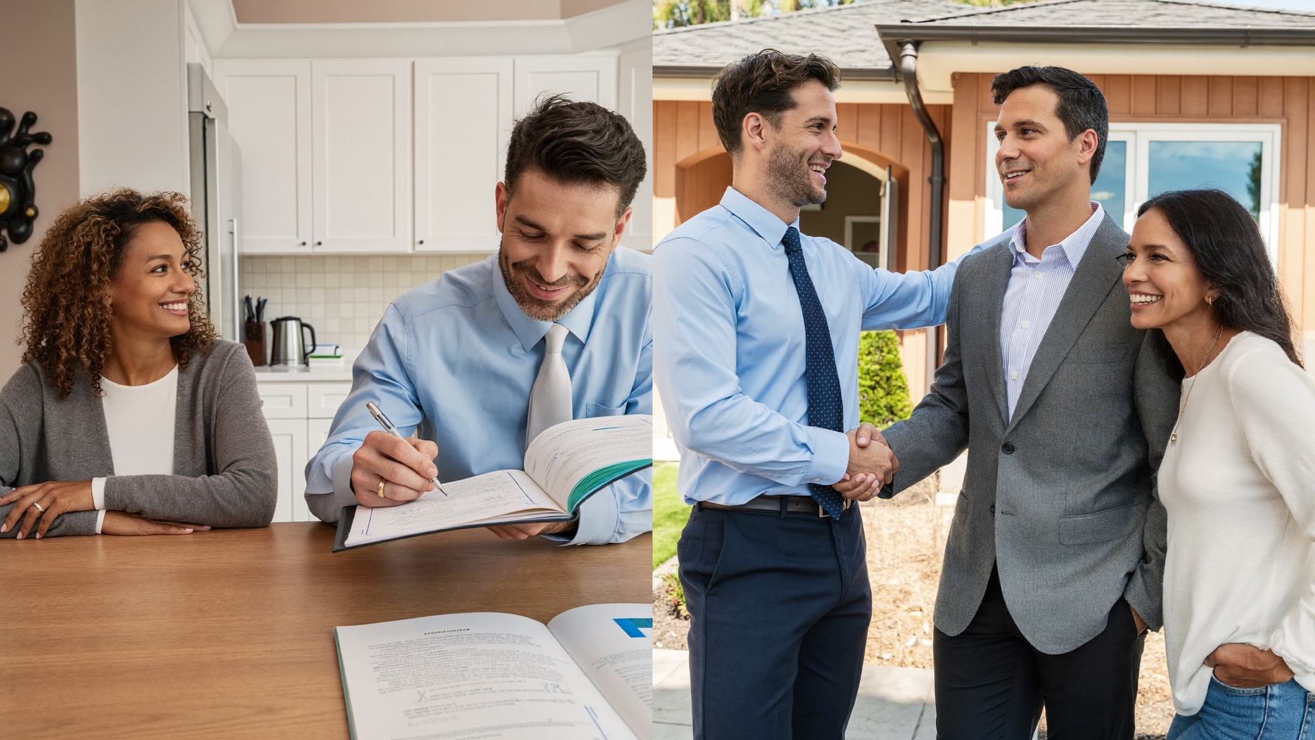 The adjuster working with homeowners at their kitchen table, then the handshake outside the restored home