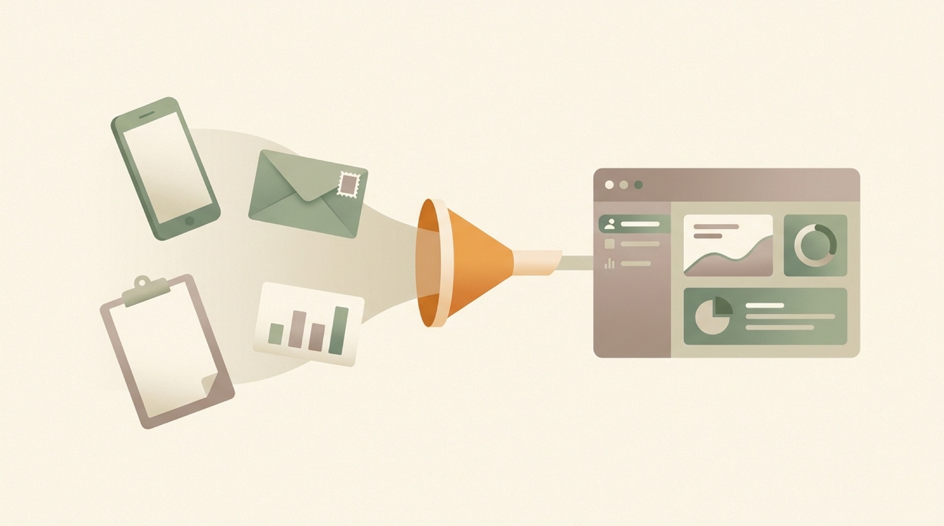 Disconnected marketing data sources converging into one unified dashboard
