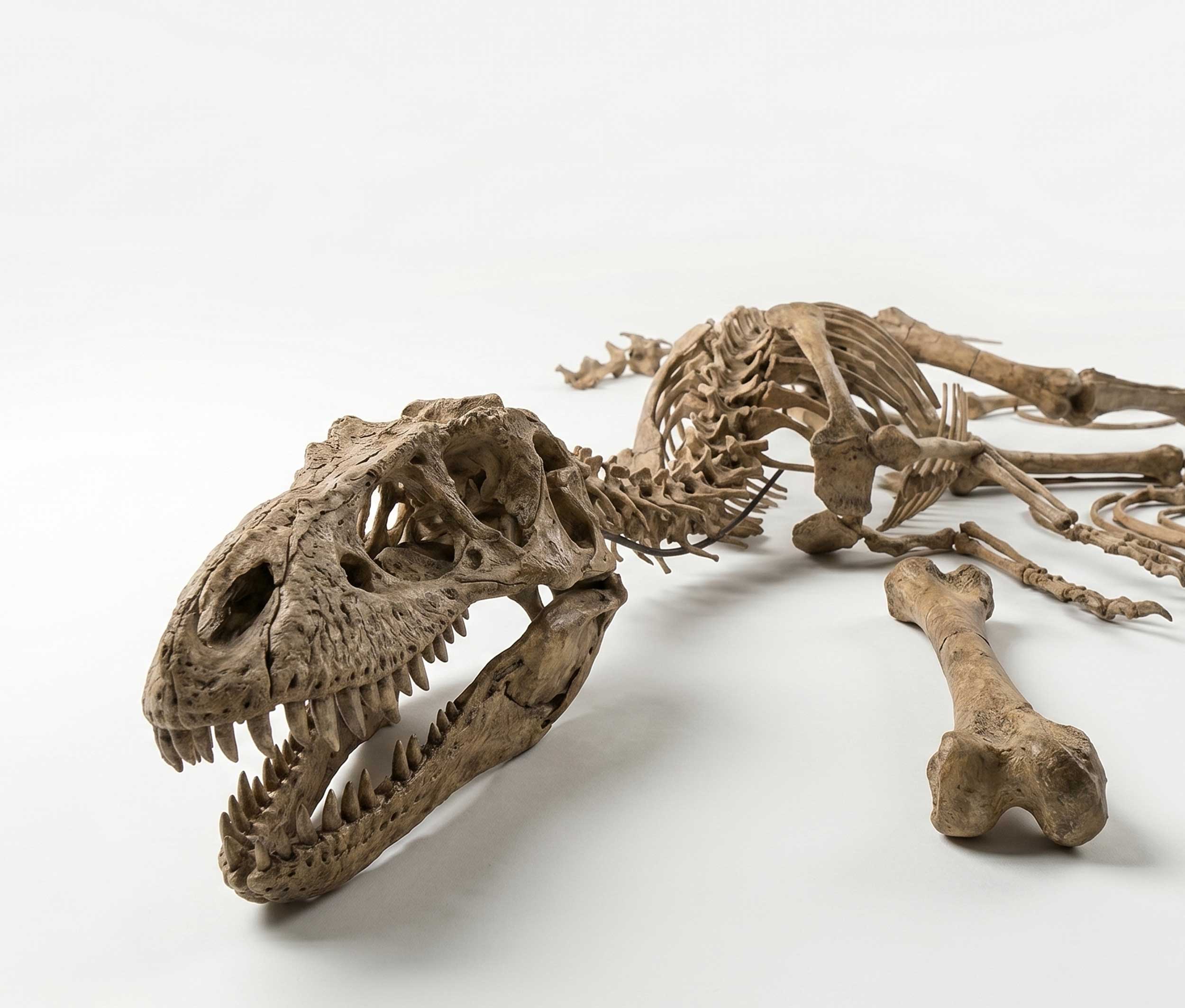 Dinosaur skeleton lying on a white studio floor